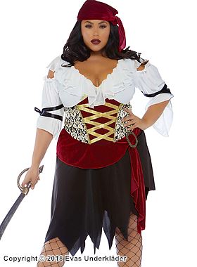 Female pirate, costume dress, ruffle trim, sash, tatters, XL to 4XL